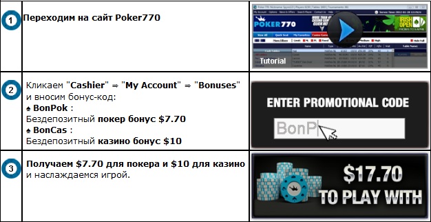 Для получения бездепозитного бонуса в казино Poker770, откройте кассу и